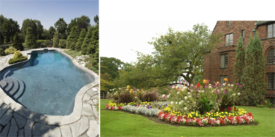 An irregularly shaped swimming pool and flower beds are in these photographs.
