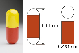 This is a photo of a gelatine capsule and a graphic of the dimensions of a capsule.
