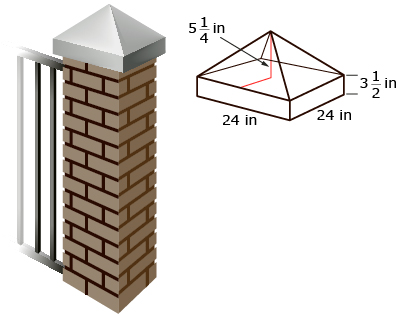 The diagrams show a stone gate pillar and a sketch giving dimensions of the pillar's top cap. The cap measures 24 inches on each side and has a 3.5-inch edge. Its height is 5.25 inches.