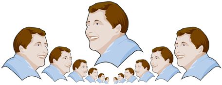 This picture shows two rows of identical heads facing each other. It appears that the rows go on forever into the distance. A large face looms over the rest of the heads.