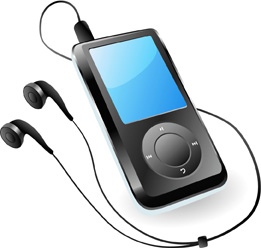 This is a photograph of a media player and headphones.