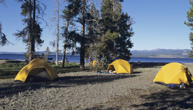This is a photograph of a group of yellow tents on the shore of a lake.