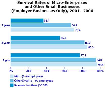 This graph shows the success rate for small enterprises in Canada from 2001 to 2006. For a micro business (1–4 employees) the 1 year, 3 year, and 5 year success rates are 96.4%, 85.3%, and 70.4% respectively. For other small businesses (5–99 employees) the 1 year, 3 year, and 5 year success rates are 94.8%, 82.2%, and 66.9% respectively. For businesses with revenue less than $30 000 the 1 year, 3 year, and 5 year success rates are 77.2%, 55.0%, and 36.1% respectively.
