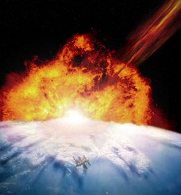 This picture shows a large asteroid colliding with a planet.
