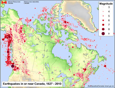 This picture shows the location and size of earthquakes in or near Canada from 1627 to 2010.