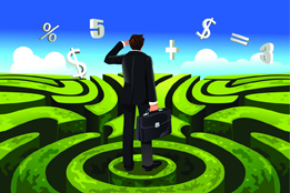 This is a picture of a man looking at a number of mathematical symbols.