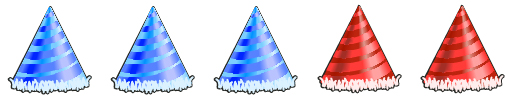 This is an illustration of three blue hats and two red hats.