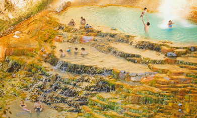 This is a painting of people swimming in a natural hot spring.