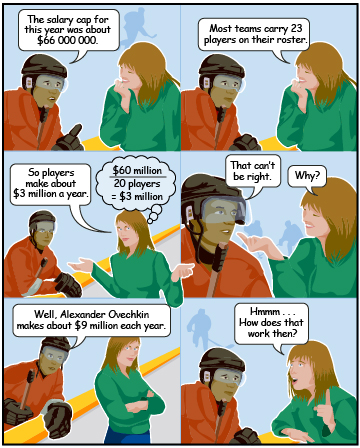 This is a cartoon with a young man and woman discussing the NHL salary cap and the $9 million salary that Alexander Ovechkin receives.