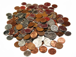 This photograph shows a pile of Canadian coins with the majority of coins being copper pennies.