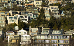 This photograph is of houses built up the side of a hill in Vancouver. 