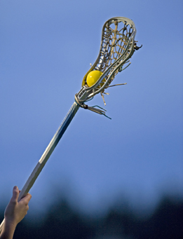 This is a photograph of a lacrosse racquet with a yellow ball in it.