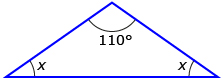 This is a diagram of an isosceles triangle with the bottom two angles labelled “x” and the top angle labelled “110 degrees.” 