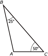 This is a diagram of triangle ABC with 25 degrees at angle B and 50 degrees at angle C.
