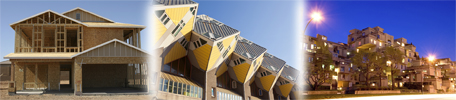 This shows three photos of buildings, each featuring many shapes, including quadrilaterals.