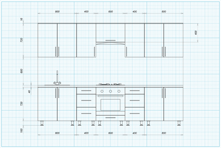 This is a blueprint of kitchen cabinetry on graph paper.