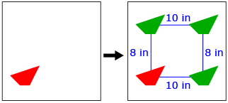 The first diagram shows a rectangle with a red quadrilateral in the bottom left corner. There is an arrow to a second diagram with four quadrilaterals. The centres of the quadrilaterals form a rectangle that is 8 inches tall and 10 inches wide.