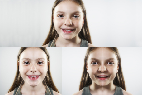 This shows three versions of a picture of a face. One made with a left and right side, one made with a left side and a reflected left side, and one made with a right side and a reflected right side