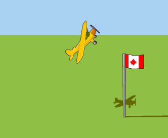 This picture shows an airplane flying upwards to miss a flagpole.