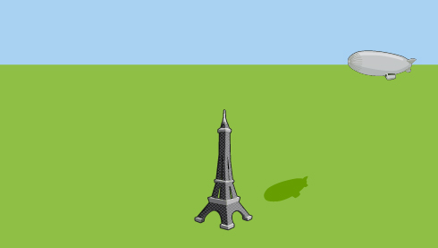 This diagram shows a blimp flying towards a tower