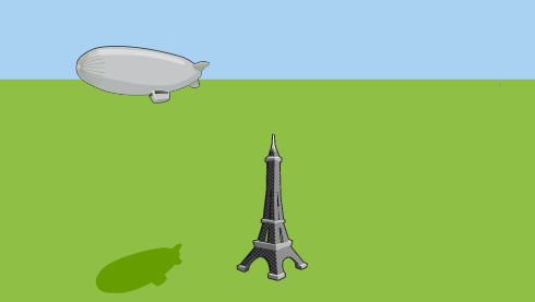 This diagram shows a blimp flying away from a tower.