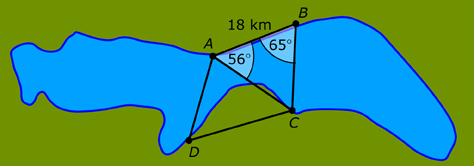 This diagram shows Lesser Slave Lake with four trig points and the two triangles that can be formed from these.