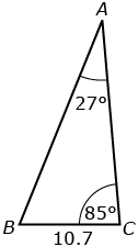 This is a triangle with vertices A, B, and C. Angle A is 27 degrees and the side across from A is 10.7. Angle C is 85 degrees.