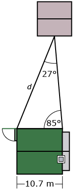 This diagram shows a house and a shed. The house is 10.7 metres wide and the door of the house is a distance d from the shed. The angle across from d is 85 degrees and the angle at the shed is 27 degrees.