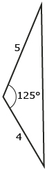 This shows a triangle with an angle of 125 degrees. The side across from the 125-degree angle is labelled with a question mark, and the sides beside the 125-degree angle are labelled “4” and “5.”