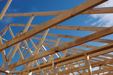 This is a photograph of a roof frame structure.