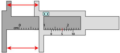 This is an illustration of a vernier caliper displaying a measurement of 1.35 cm.