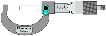 This is an illustration of a micrometre. The thimble is just after the first tick after the 5 on the upper side of the barrel scale. The line on the barrel points between the second and third marks after 35 on the thimble. It is exactly half way between these ticks.