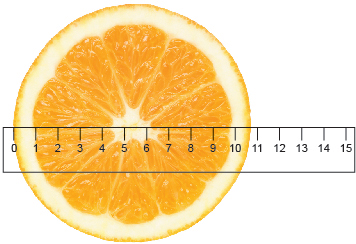 This illustration shows the diameter of an orange being measured with a metre stick in which the smallest division is 1 cm.
