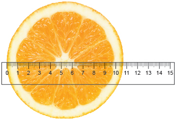 This illustration shows the diameter of an orange being measured with a metric ruler in which the smallest division is 0.1 cm.