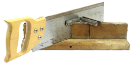 This picture shows a jig used to cut the end of a board to a 45° angle.