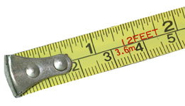 This is a photograph of a metal tape measure showing imperial measure on the top side with a precision of one-thirtysecond, and metric on the bottom with a precision of 0.1 centimetres.