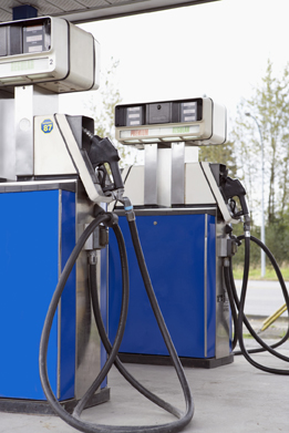 This is a photograph of two blue gas pumps.