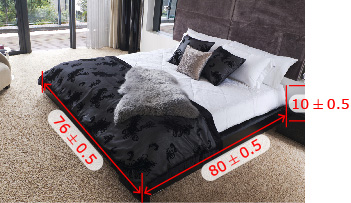 This shows a king-size mattress with the dimensions eighty plus or minus zero decimal five inches by seventy-six plus or minus zero decimal five inches by ten plus or minus zero decimal five inches.