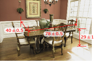 This shows a dining room table with the dimensions seventy-eight plus or minus zero decimal five inches by forty plus or minus zero decimal five inches by twenty-nine plus or minus one inch.