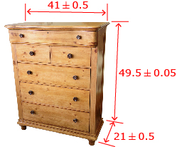 This shows a chest of drawers with the dimensions forty-one plus or minus zero decimal five inches by twenty-one plus or minus zero decimal five inches by forty-nine decimal five plus or minus zero decimal zero five inches.