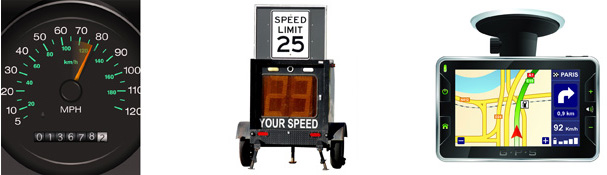The photo on the left shows a speedometer with both km/h and MPH scales. The middle image shows a sign that reads Speed Limit 25 with a reading of 23 labelled Your Speed. The image on the right shows a GPS with a speed of 92 km/h shown. 