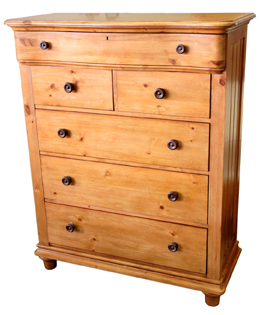 This is a photograph of a light coloured wooden chest of drawers.