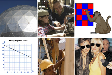 This is a collage of six photos that includes a photo of a geodesic dome, a photo of a daughter with mechanic mother assembling a part, an image of a monkey throwing a dart at a 4-by-4 blue and red target, a graph showing a linear scatterplot, a photo of three carpenters lifting a beam, and a photo of a male and female celebrity with a reporter holding a microphone.