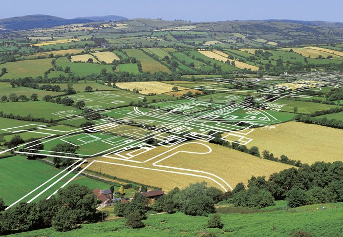 This is a picture of a development plan superimposed on a rural valley.