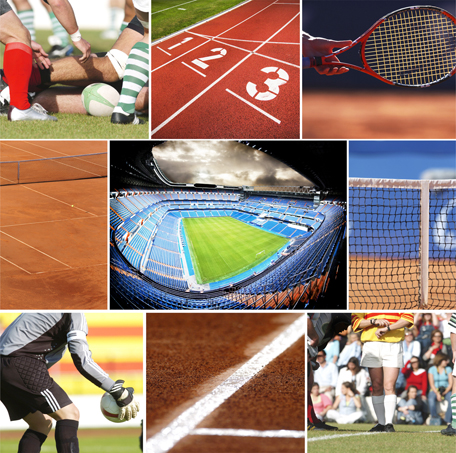 This shows a sports collage, which includes rugby, tennis, and soccer.