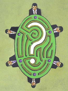 This picture shows a maze with a question mark around it and a group of men sitting around it.