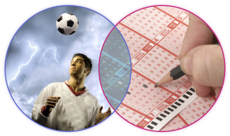 These are two photographs, one showing a lottery ticket being filled out and the other showing lightning above a soccer player.