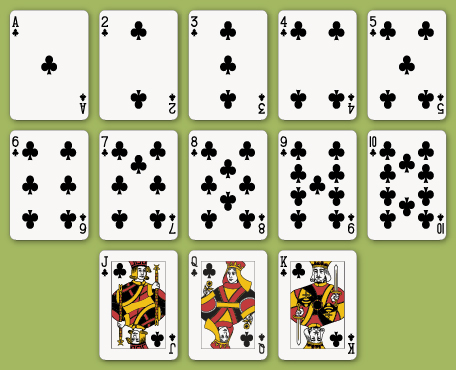 This is a picture of all 13 cards that are clubs.