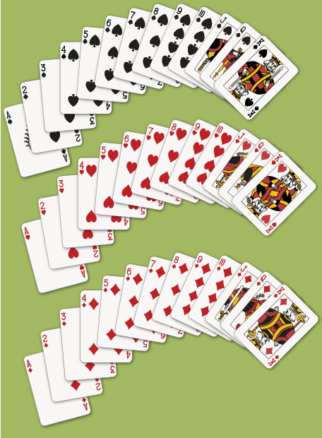 This is a picture of all the spades, hearts, and diamonds from a deck of cards.