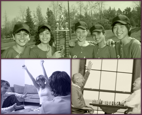 This collage shows three photos. The top image is a picture that shows little-league baseball players with a trophy. Bottom, left shows a person celebrating while playing poker. Bottom, right shows two men playing chess.